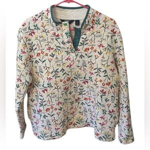 Land’s End Floral Pullover White Green Pink Yellow Quarter Buttons Size Large